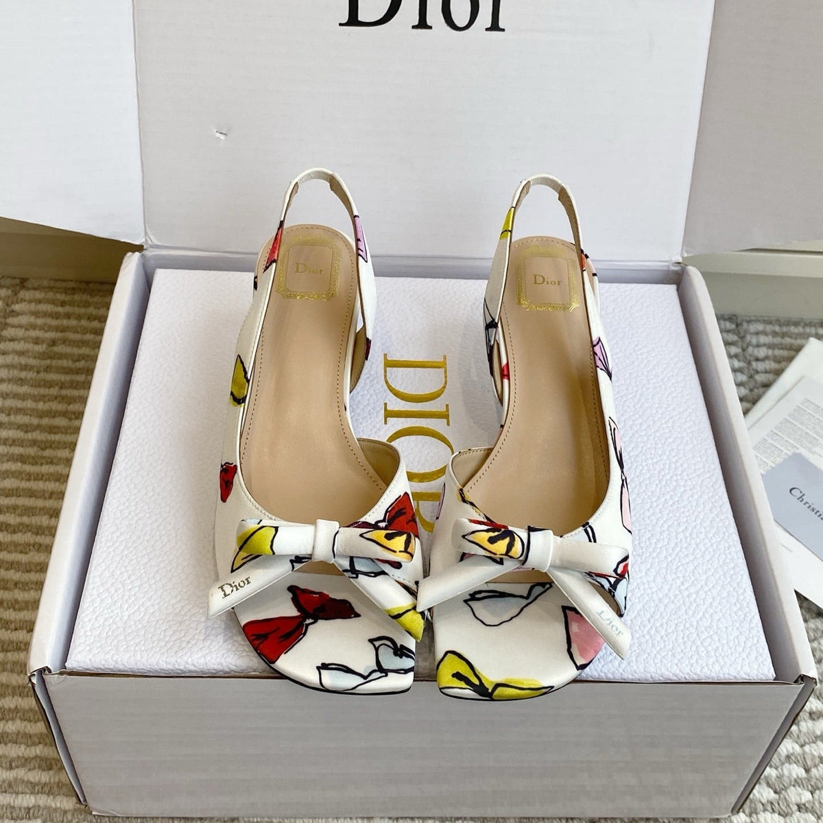 CD 26s Bow Kitten Heel Open Back Sandals White Lambskin 909657