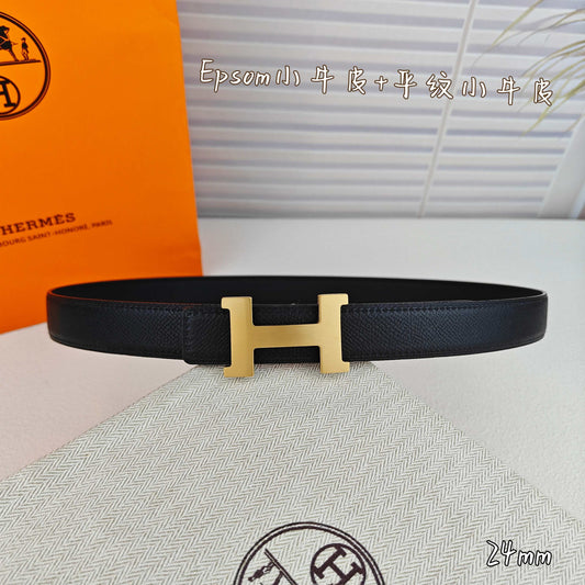H Guillochee Buckle Belt 2.4cm Full Black Espom 211239