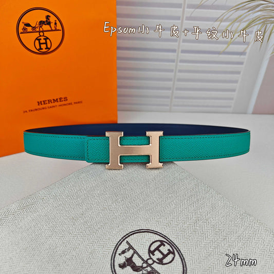 H Guillochee Buckle Belt 2.4cm Teal Blue Espom 211236