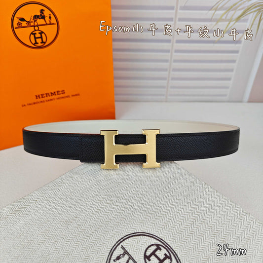 H Guillochee Buckle Belt 2.4cm Black White Taupe Espom 211235