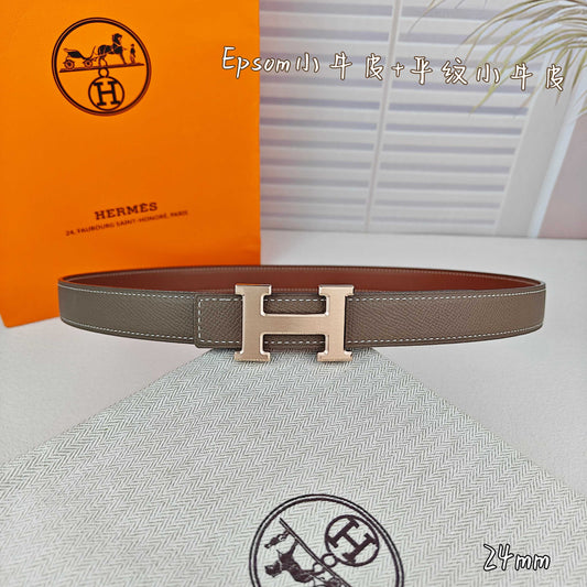 H Guillochee Buckle Belt 2.4cm Tan Taupe  Espom 211234