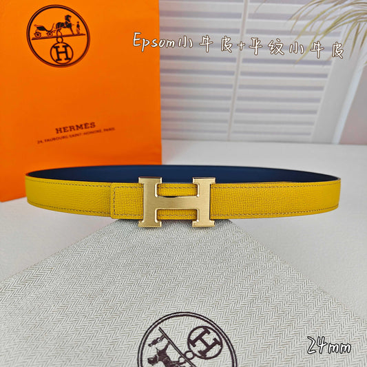 H Guillochee Buckle Belt 2.4cm Yellow Blue Espom 211233