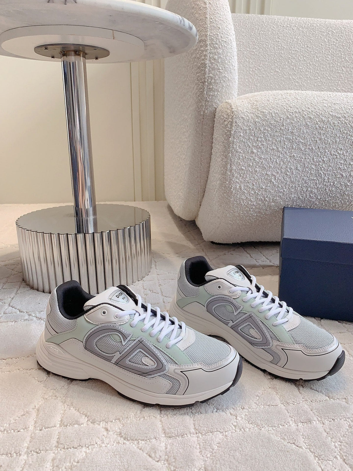 CD B30 Sneaker Grey White Mix Pale Jade Green Polyester Mesh Fabric And Calfskin