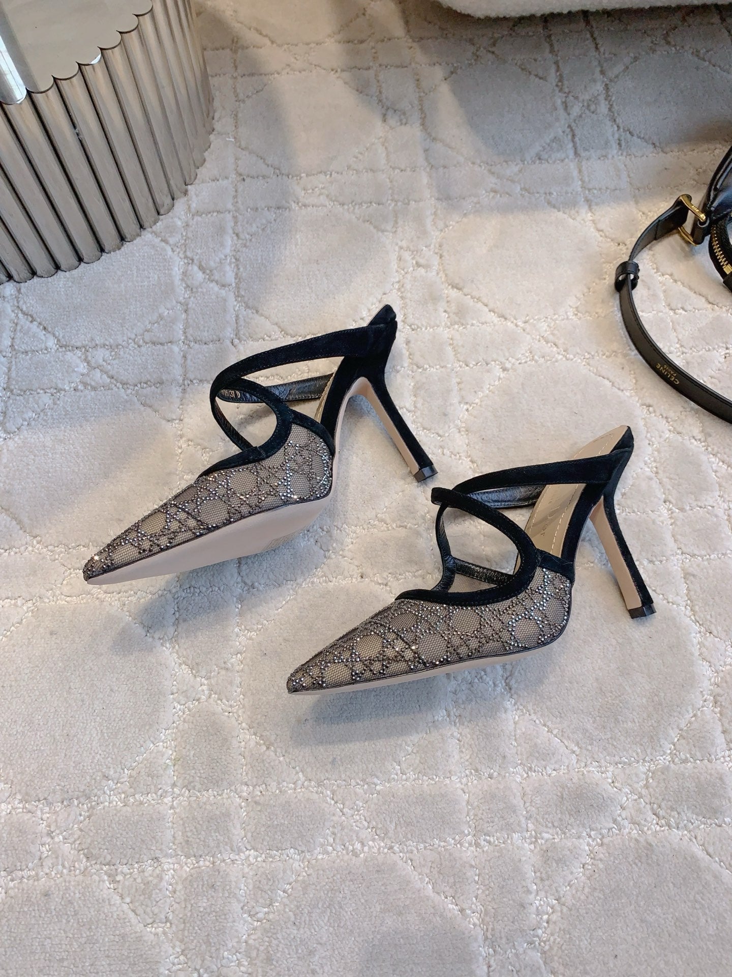CD Capture Heeled Mule 10cm Black Suede Mesh 615464