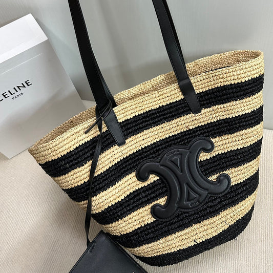 Celine Medium Supple Classic Panier 30cm Black Calfskin Beige Raffia