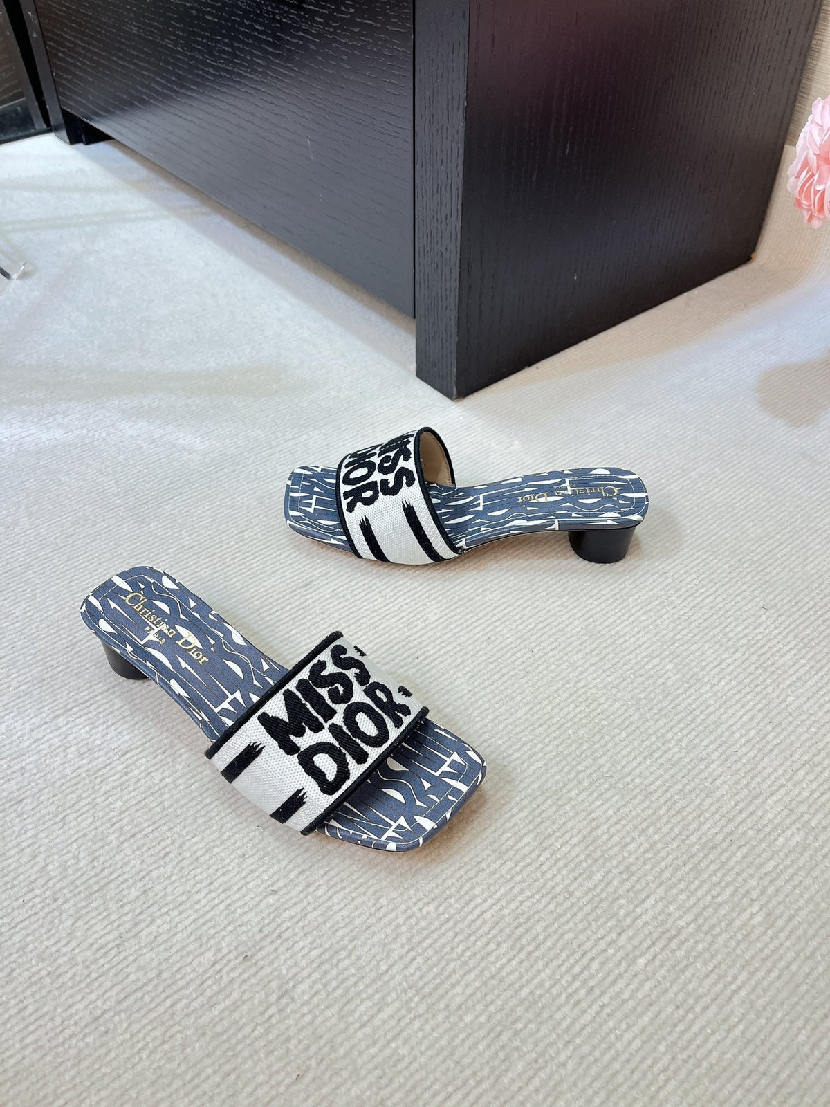 dway heeled slide 35 embroidered cotton grey miss cd alllover motif