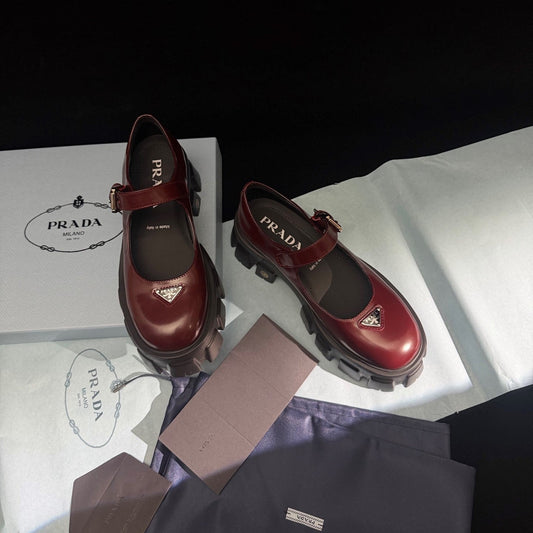 Prada Brushed Monolith Mary Janes Loafer Burgundy Leather 606061