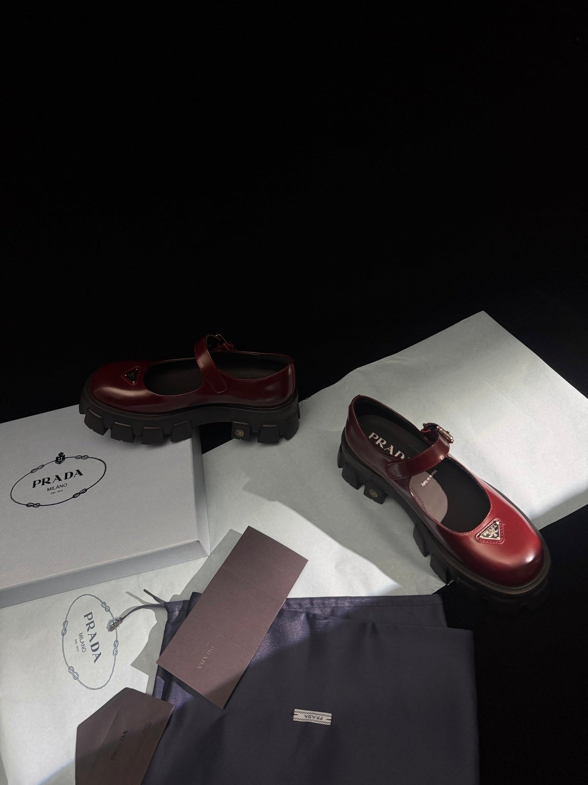 Prada Brushed Monolith Mary Janes Loafer Burgundy Leather 606061