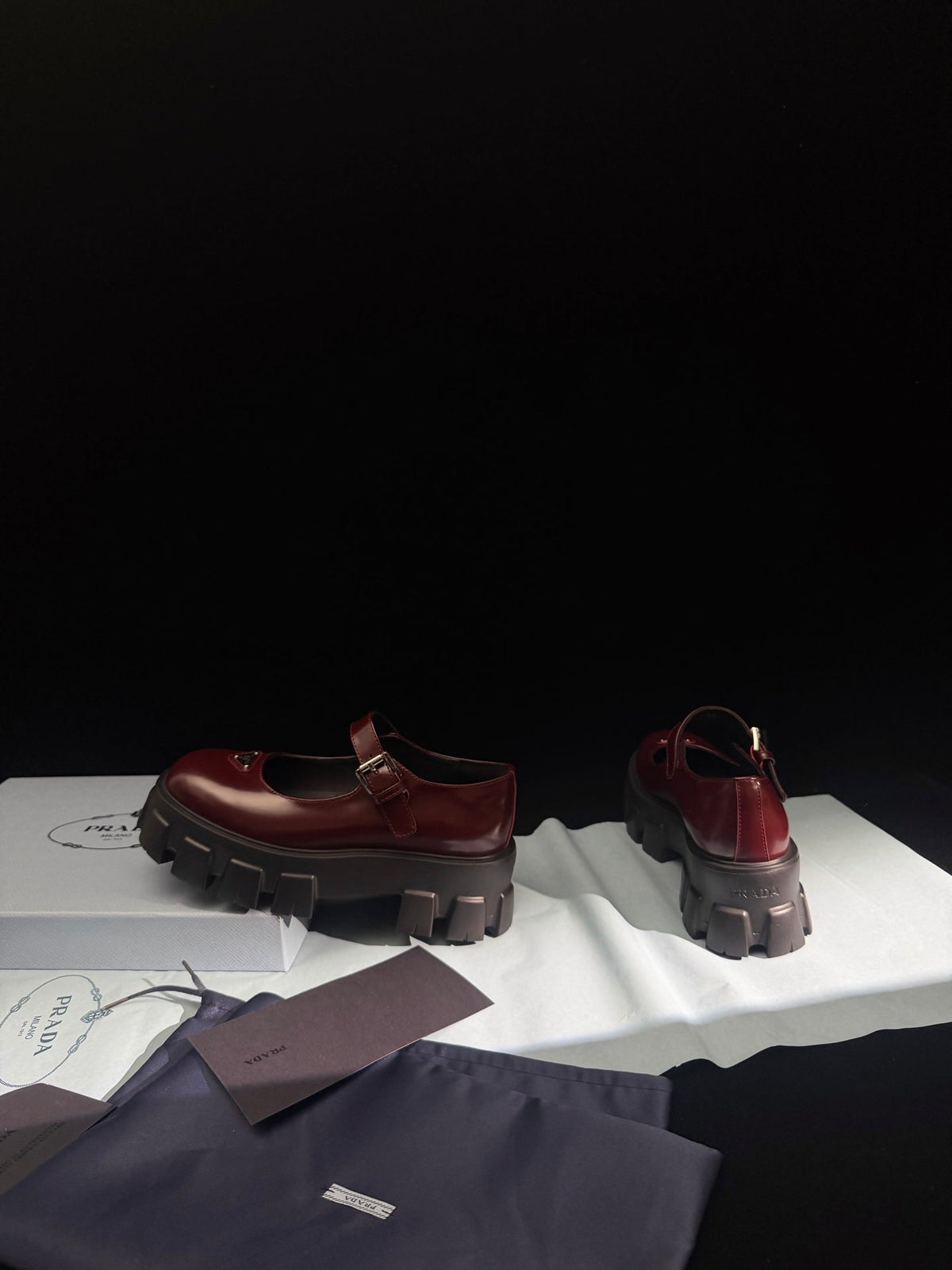 Prada Brushed Monolith Mary Janes Loafer Burgundy Leather 606061