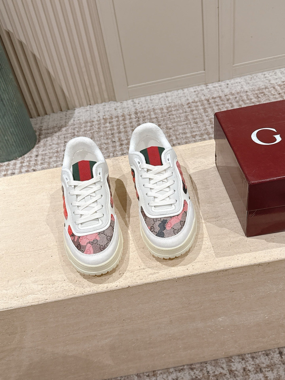 GG Re-Web Sneakers White Black Light Pink Calfskin 584475