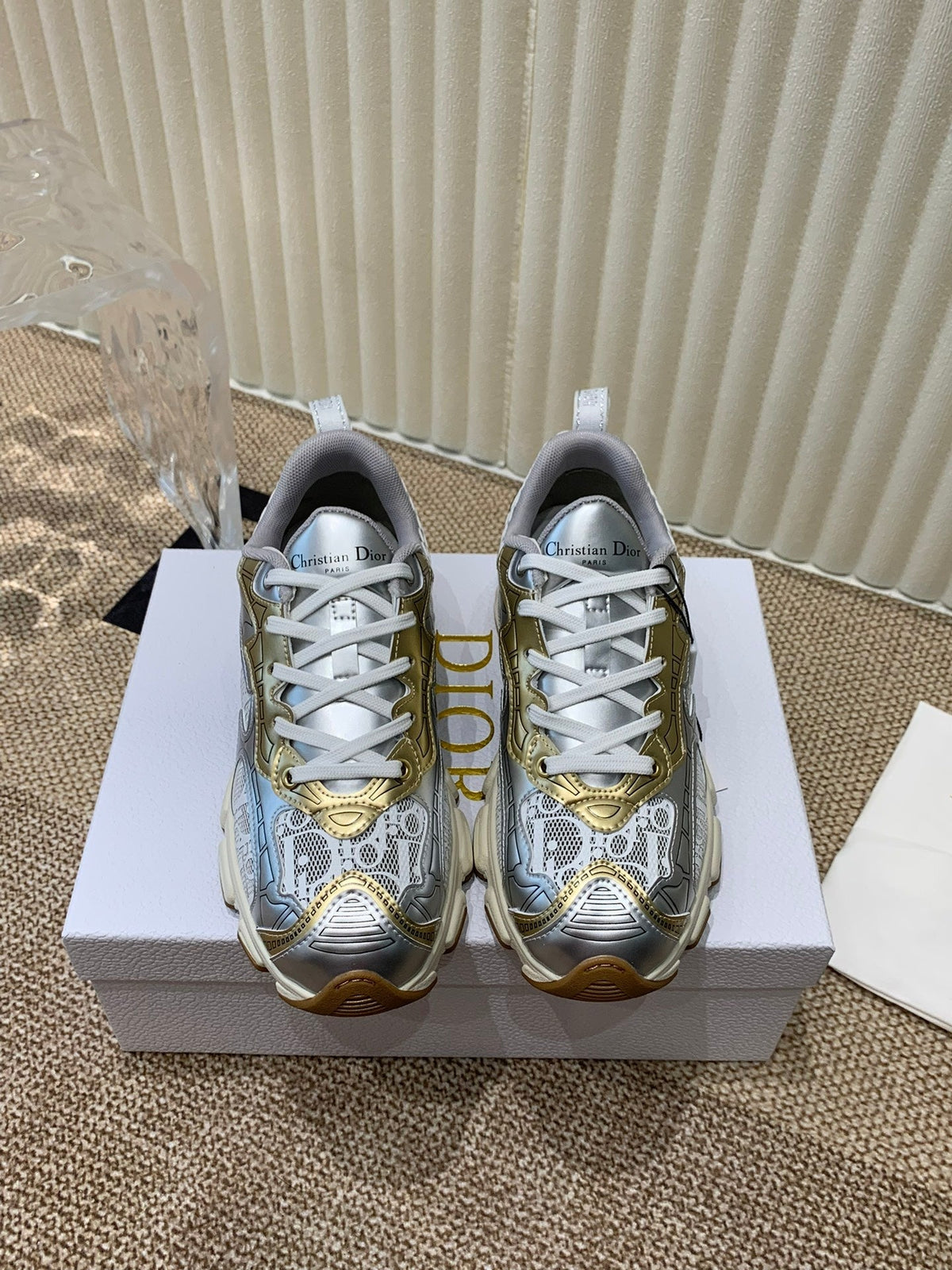 CD Vibe Sneaker In White Mix Dark Grey Gold Polyester Mesh Fabric And Cowhide 113418