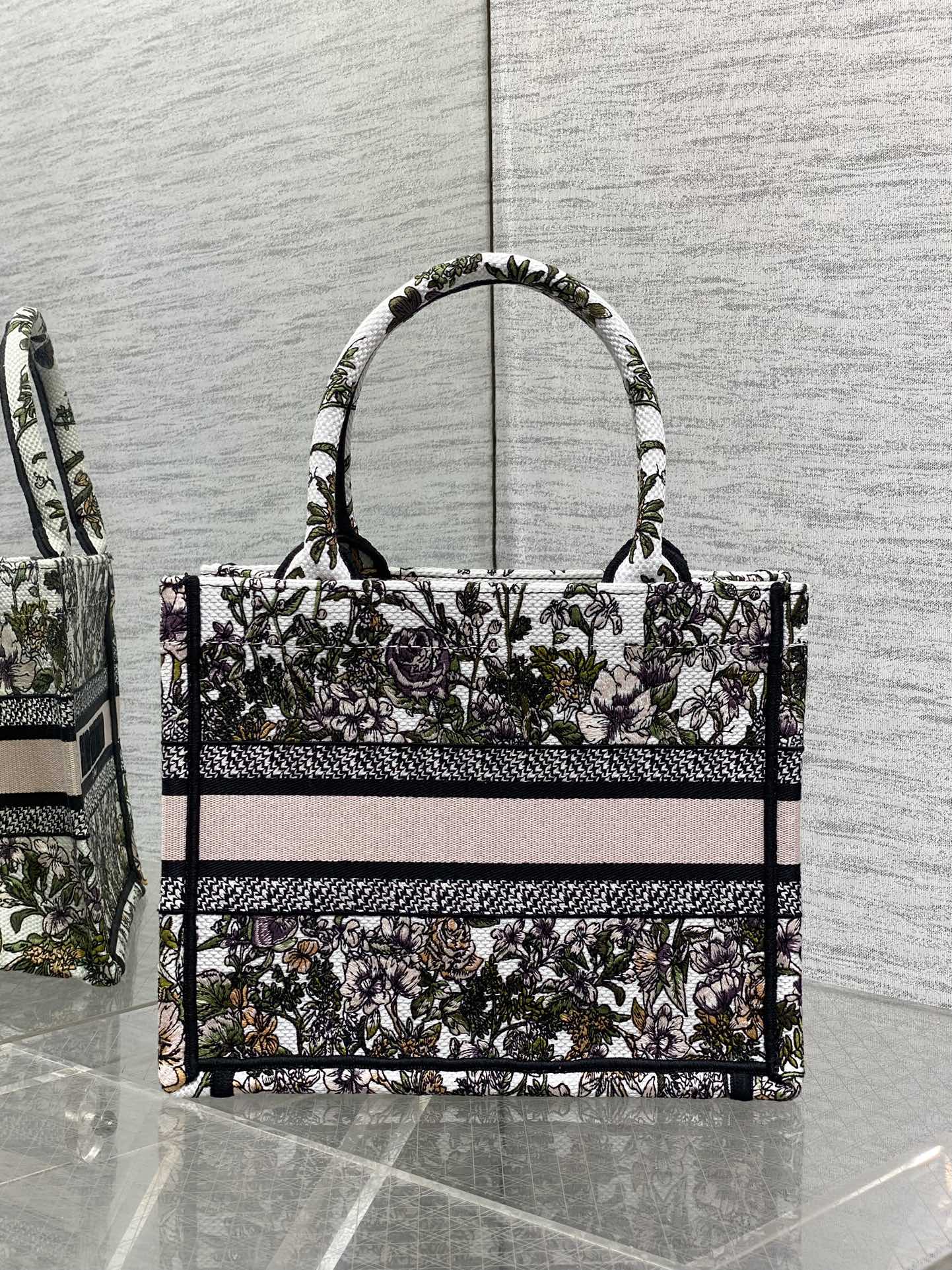 CD Small Dior Book Tote Full Floral Motif White Pink Cotton