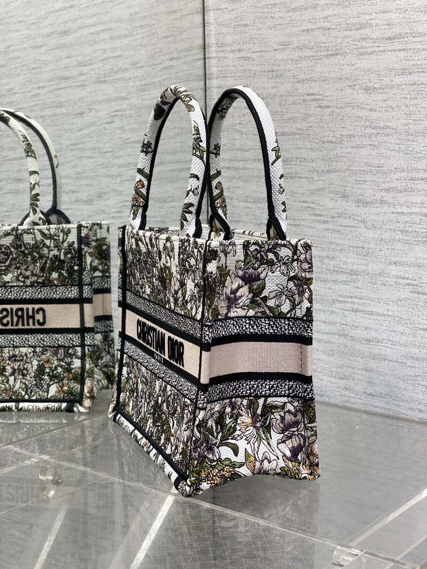CD Small Dior Book Tote Full Floral Motif White Pink Cotton
