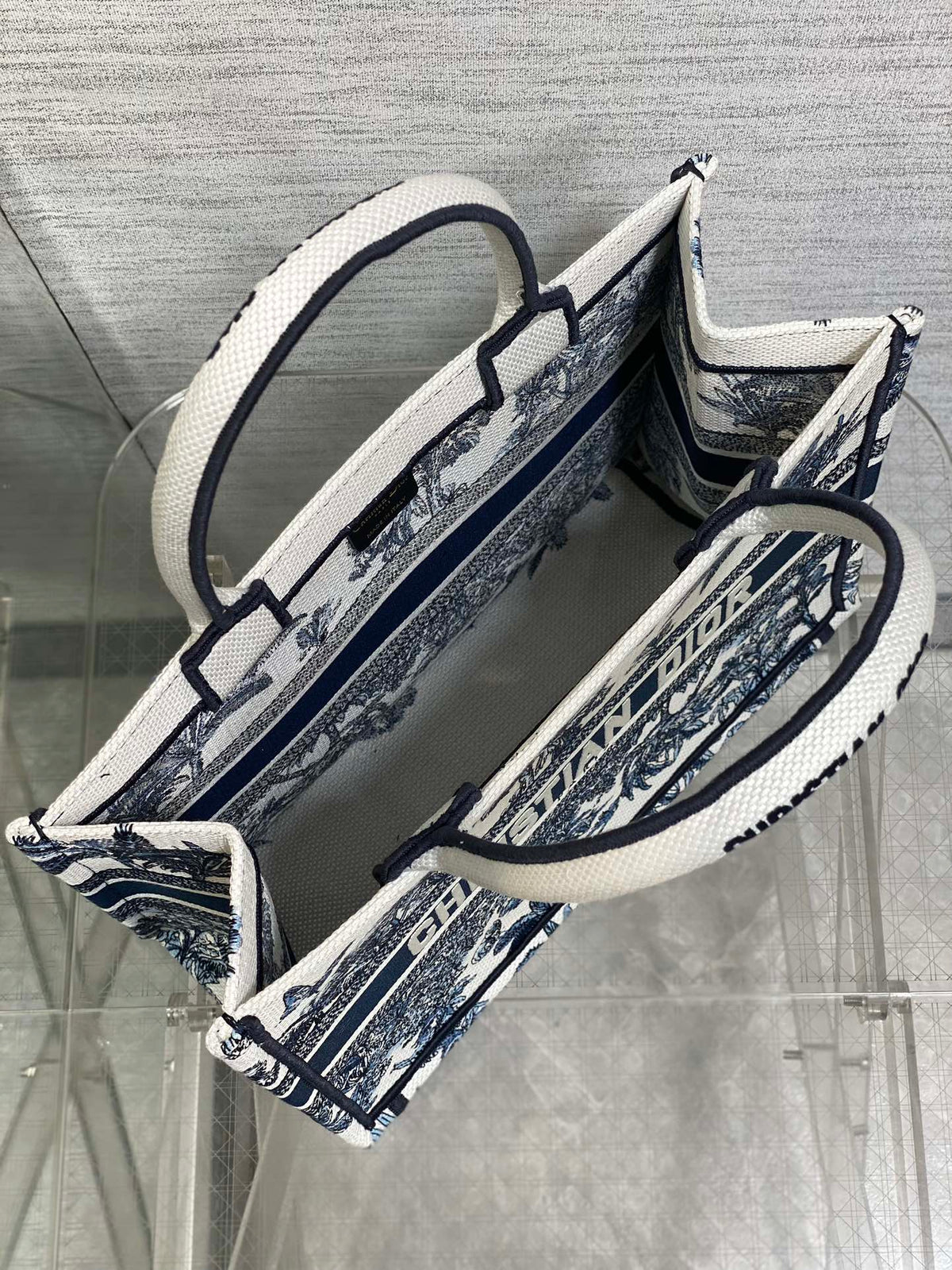 CD Medium Dior Book Tote Tropical Pattern Slate Blue White Black Cotton