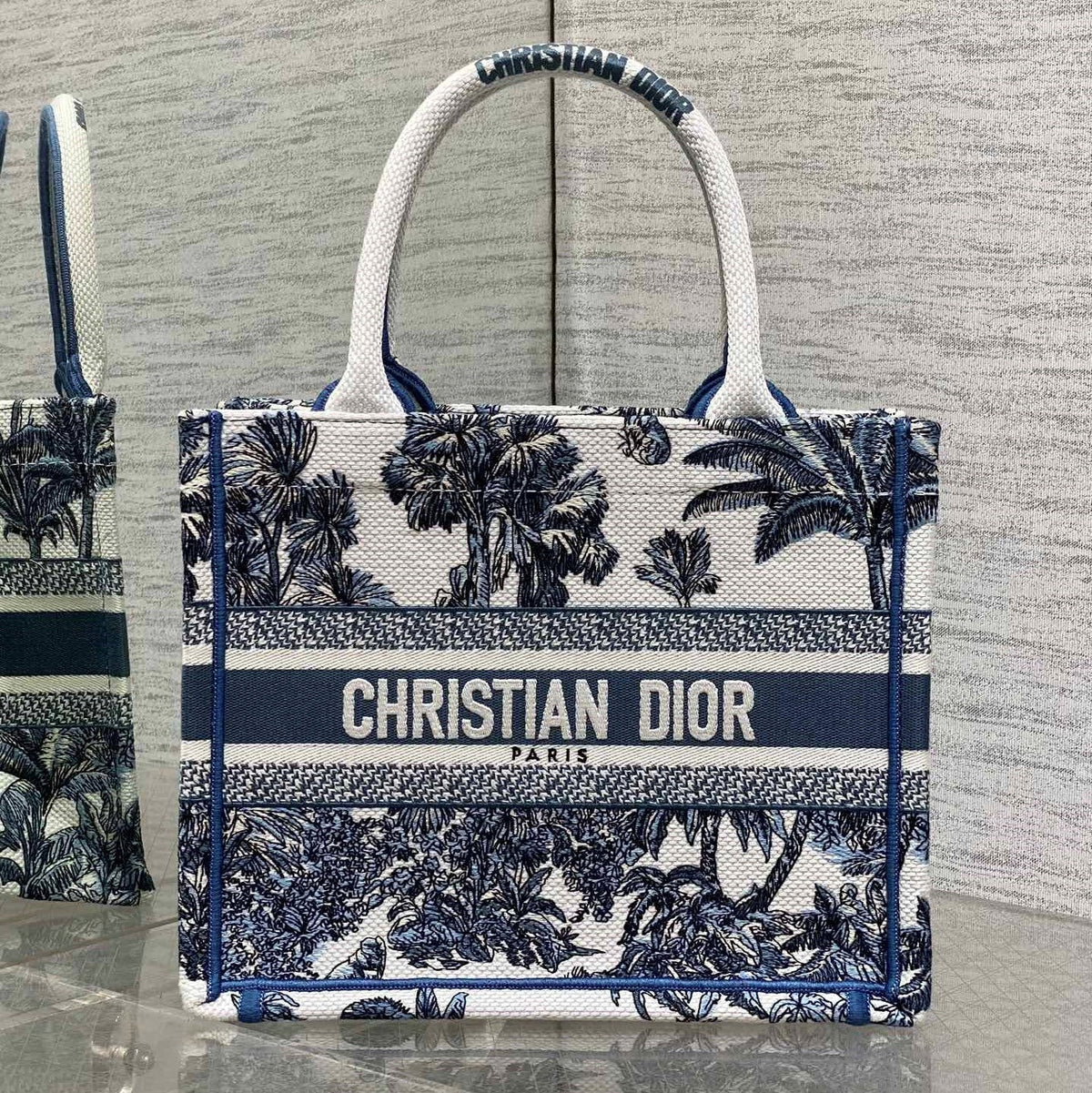 CD Small Dior Book Tote Tropical Pattern Slate Blue White Cotton