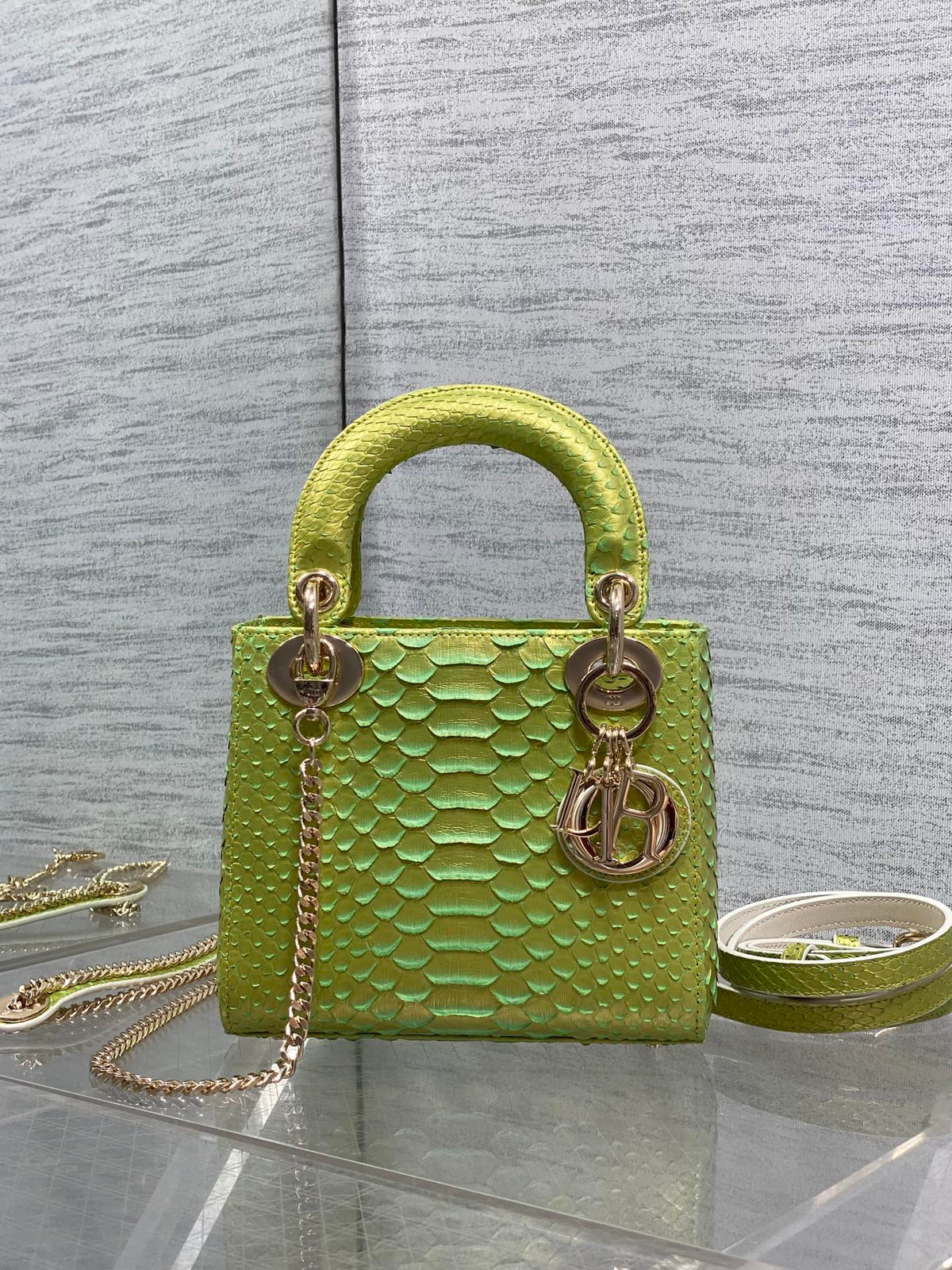 Dior 2026 Lady Embossed Snake Skin Bag 17cm Green Leather 378810