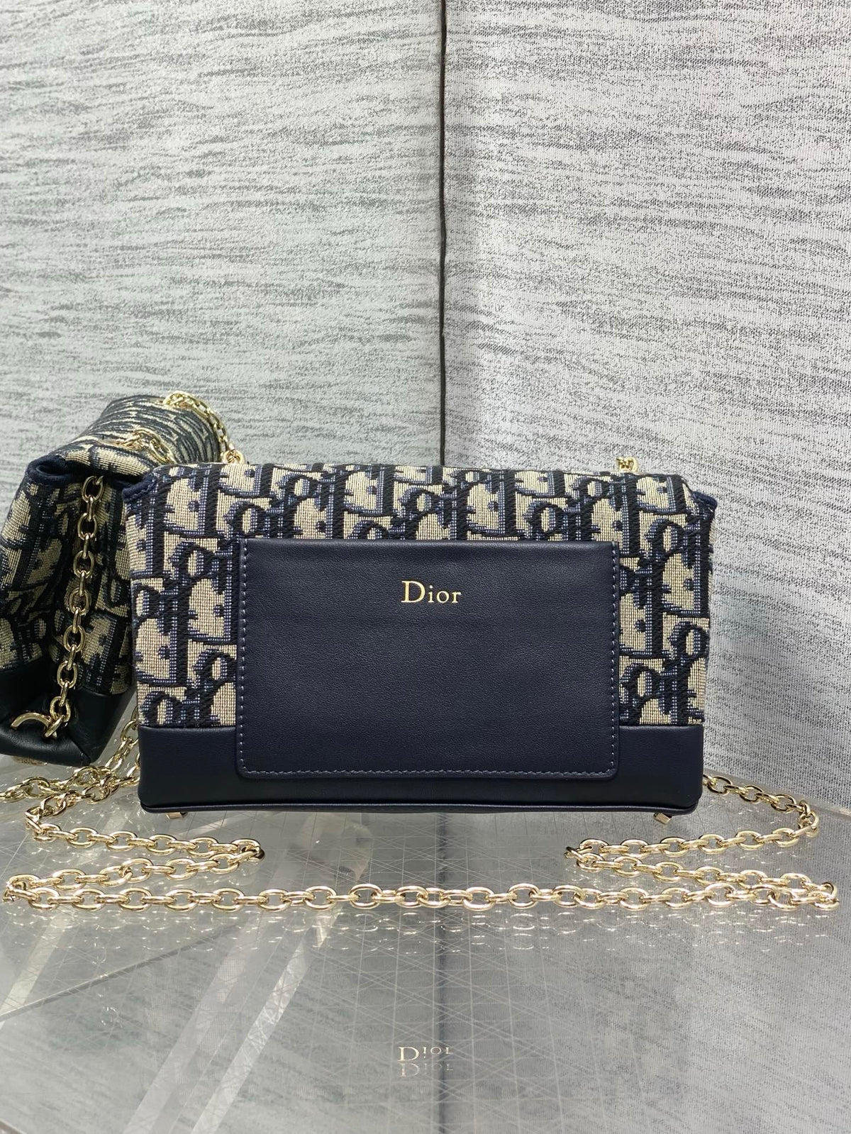 Dior 2026 Oblique Bow Bag 21cm Blue Beige Fabric Leather 378809