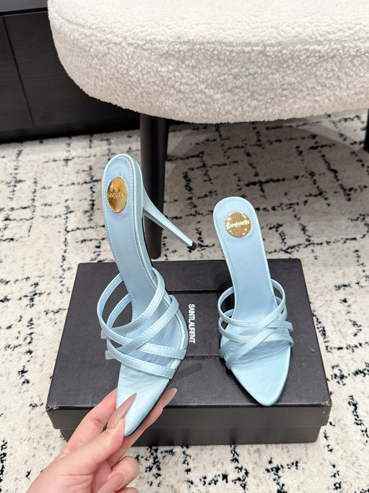 YSL Kate Mule 10.5cm Light Blue Satin 847151