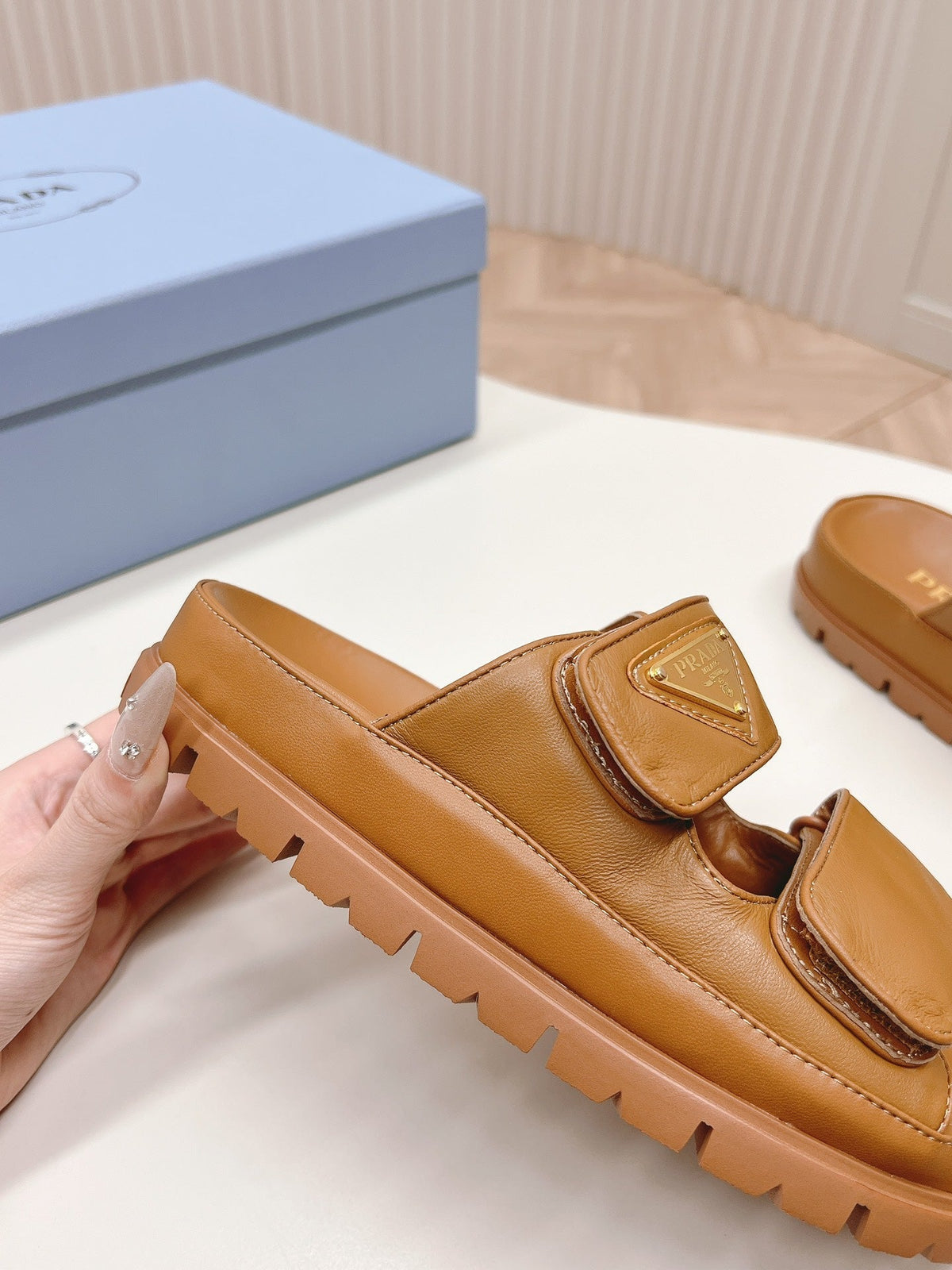 Pra Double Strap Slide 20 With Triangle Logo Tan Calfskin