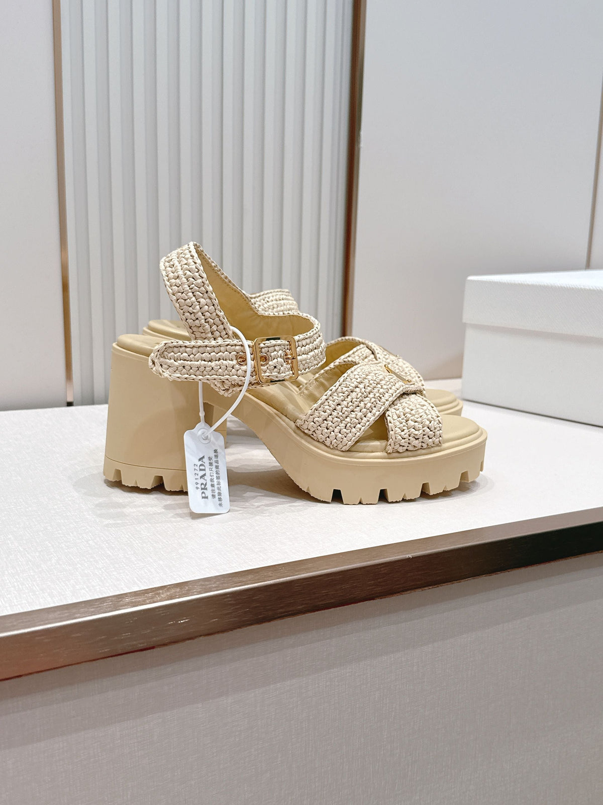 Prada 26s Monolith Sandals Beige Raffia Rubber 838136