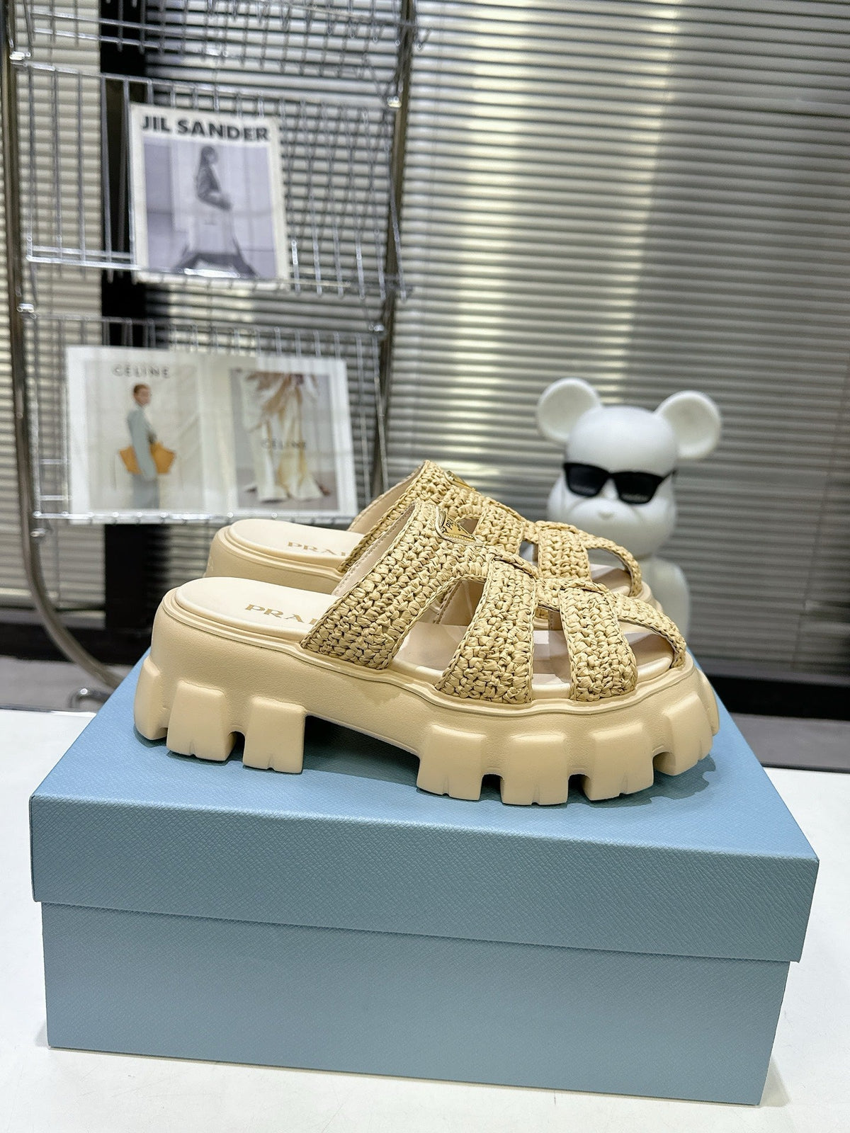 Prada Monolith Sandals 55mm Beige Raffia Cowhide 564336