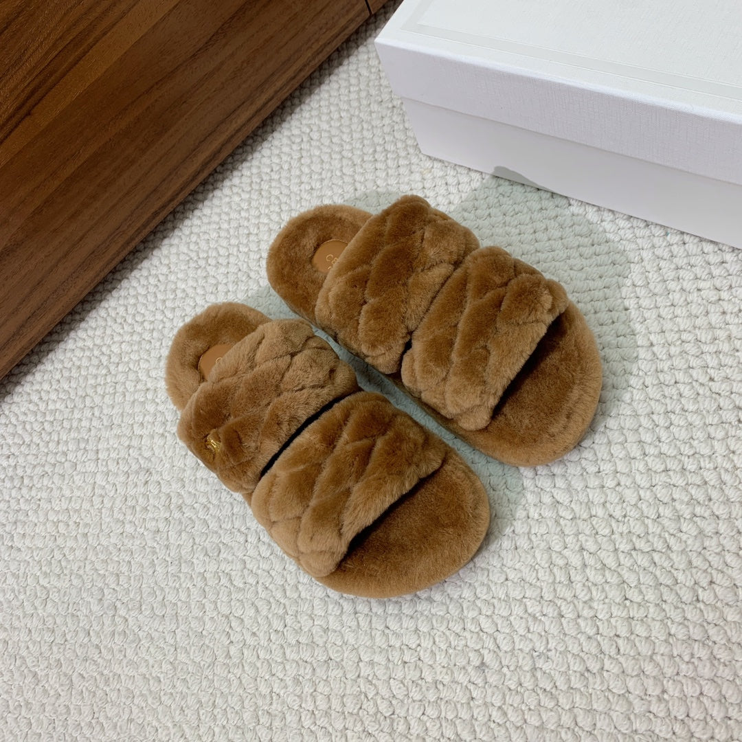 Celine 26s Two-Strap Quilted Sandals In Brown Wool