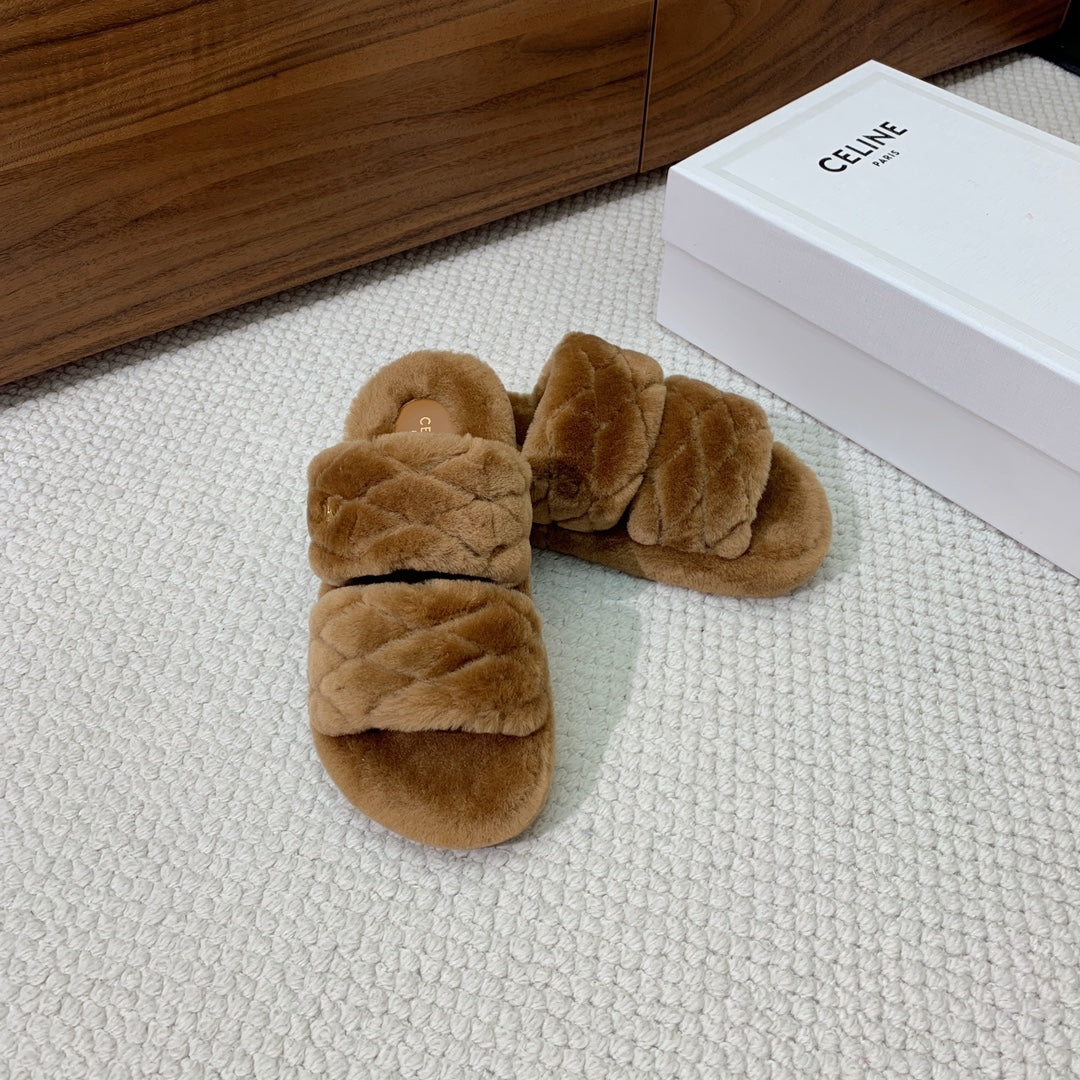 Celine 26s Two-Strap Quilted Sandals In Brown Wool