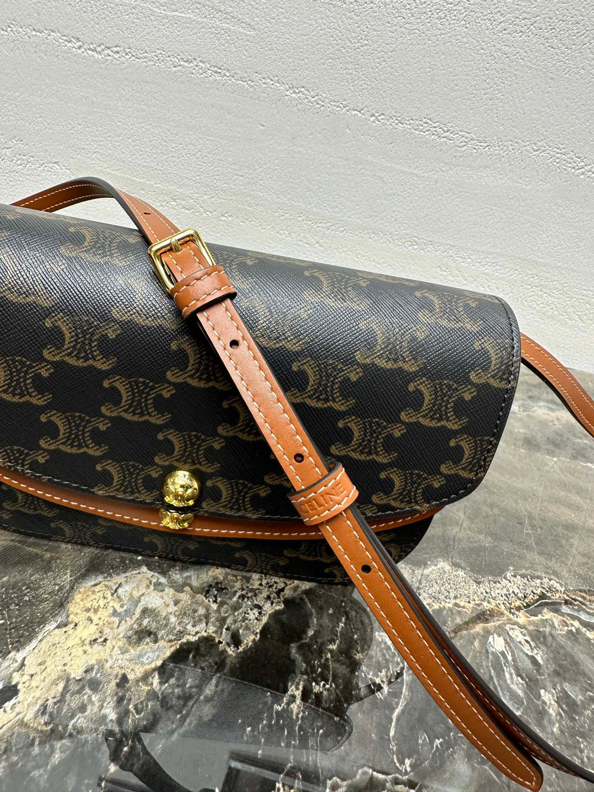 Celin Duo Wallet On Strap Triomphe Brown Black Canvas and Calfskin