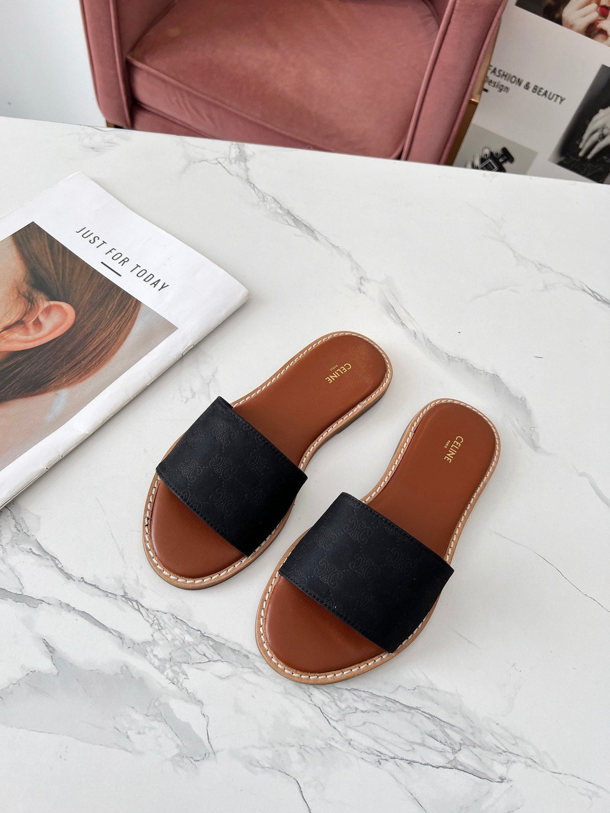 Celine 25C Slippers Black Monagram Silk with Calfskin 238147