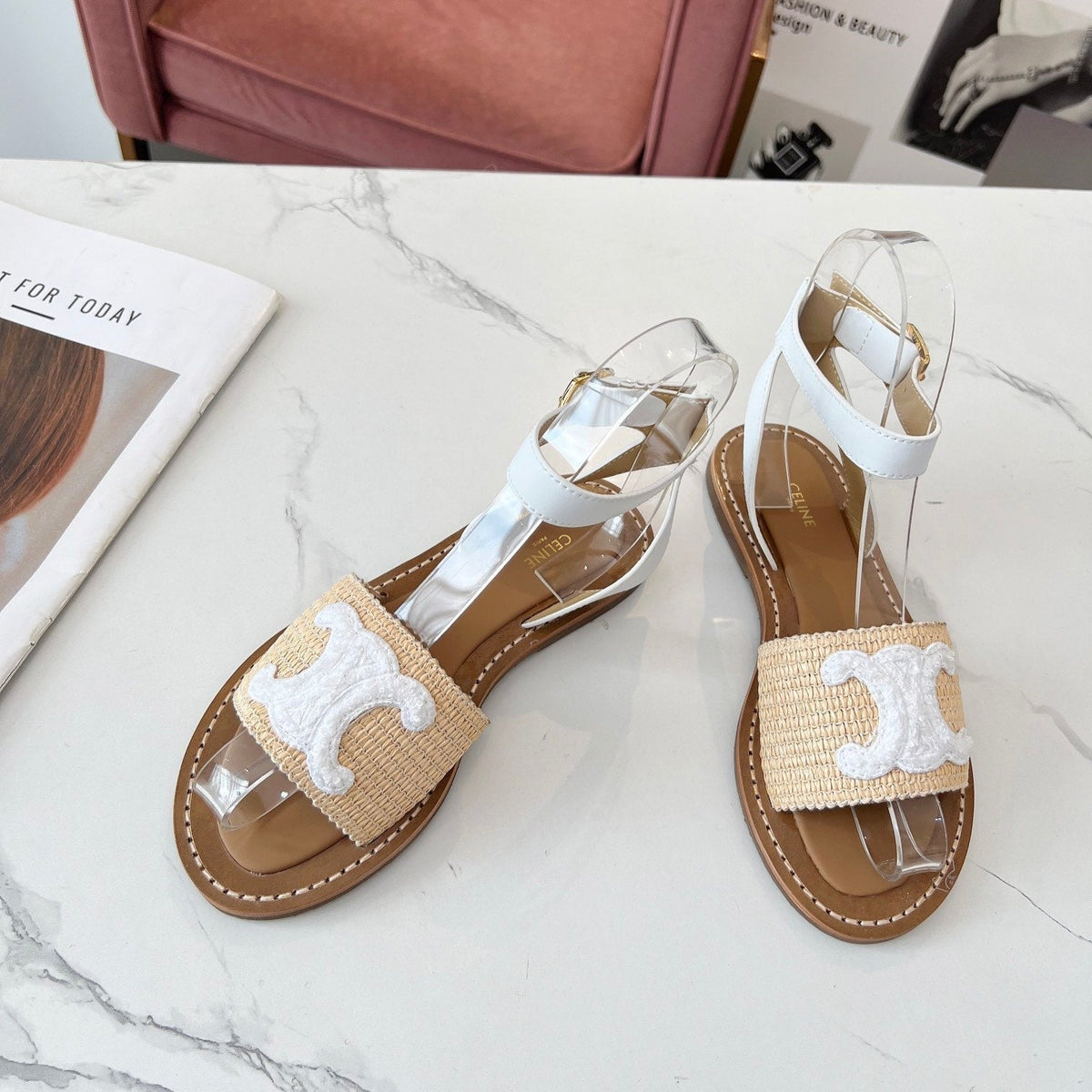 Celine 25C Lympia Sandal Beige mix White Fabric with Calfskin 238161