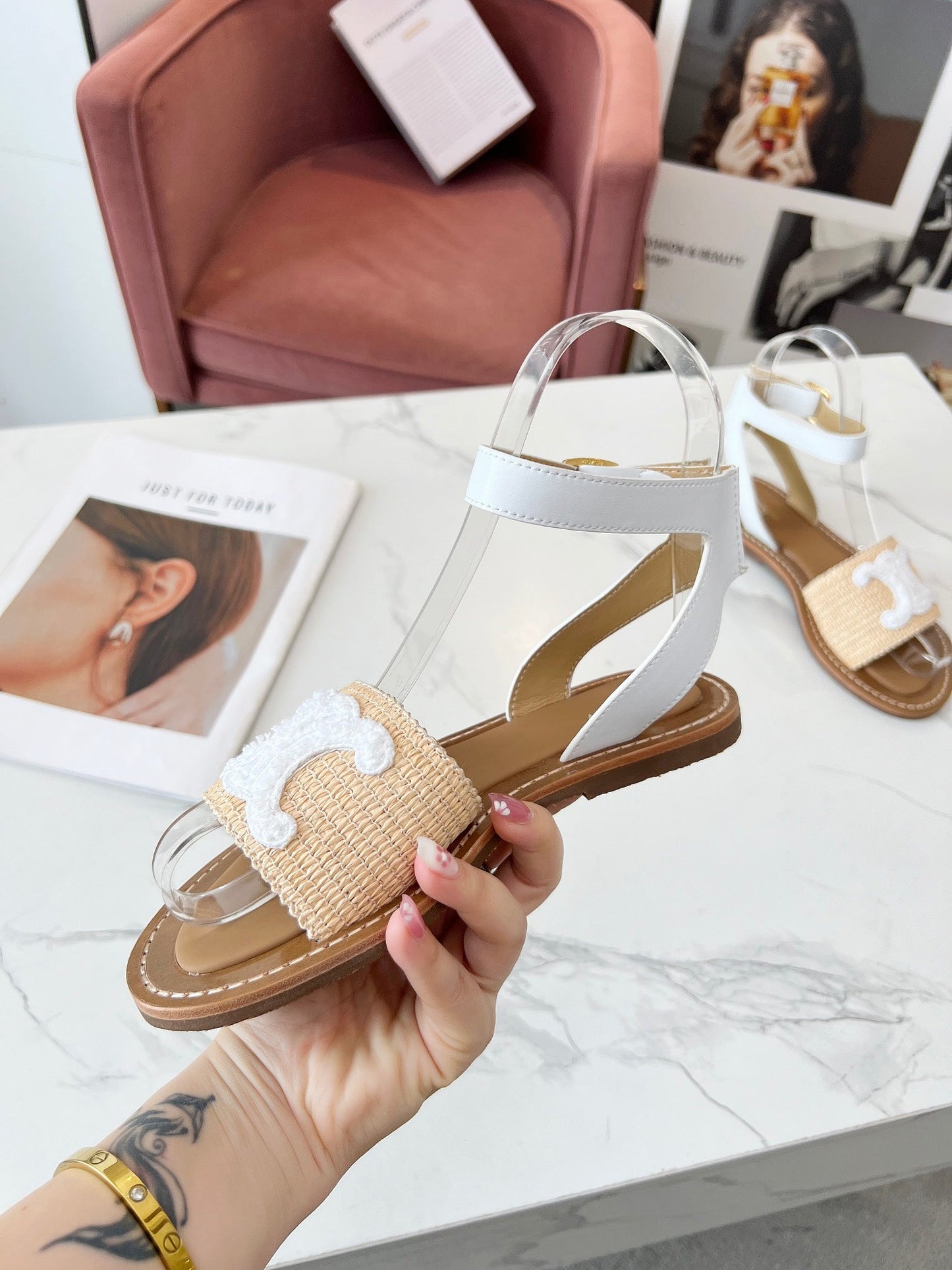 Celine 25C Lympia Sandal Beige mix White Fabric with Calfskin 238161