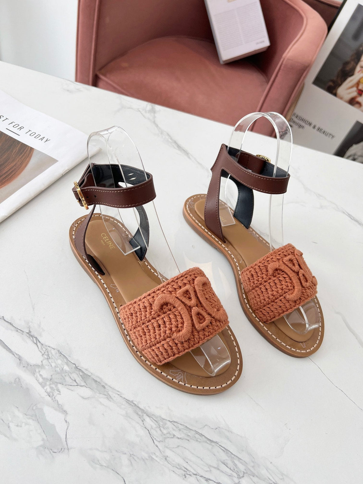 Celine 25C Lympia Sandal Melon Orange Fabric with Calfskin 238174