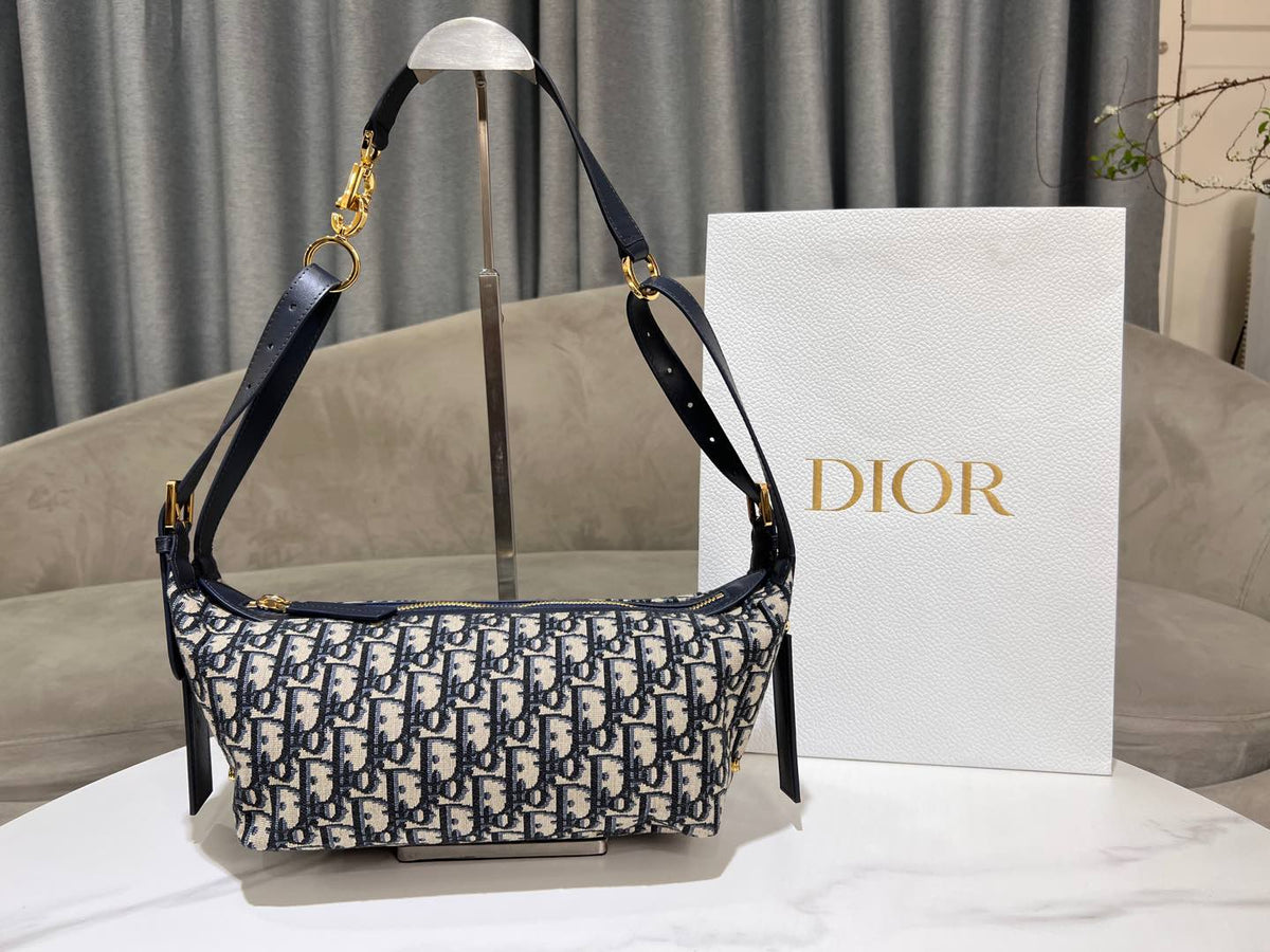 CD Jacquard Hobo Bag 23 With Chain Dark Blue White Canvas