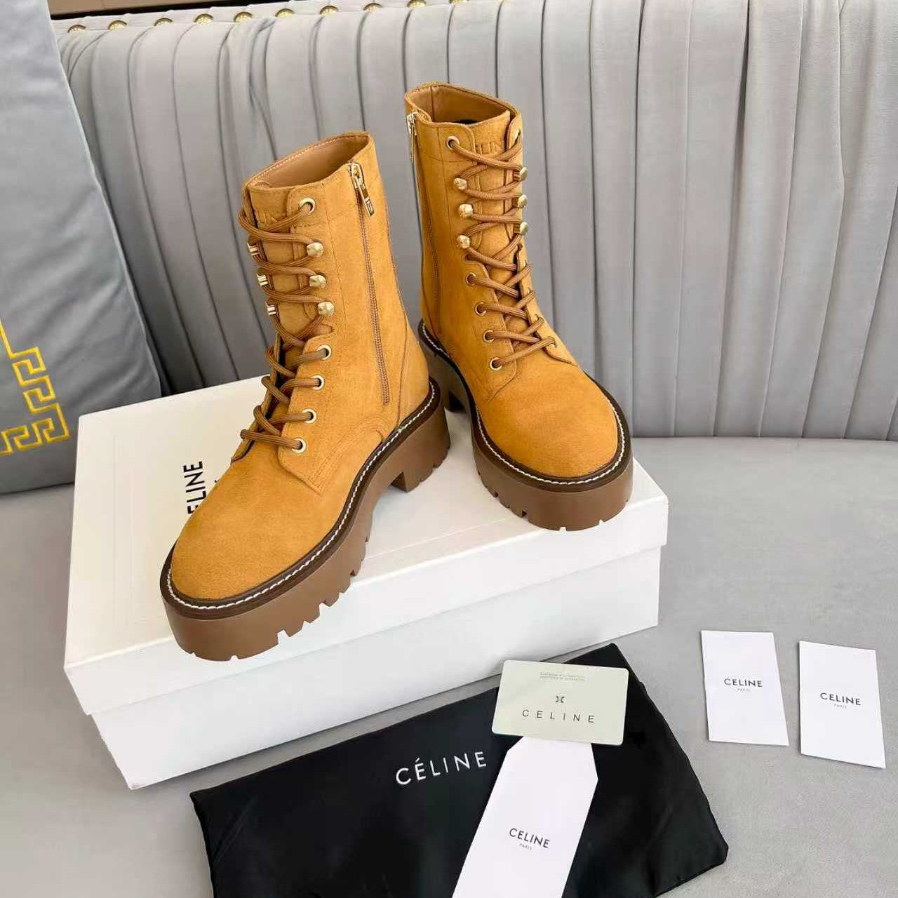 Celine 25s Triomphe Rangers Mid Lace-Up Boot Brown Suede