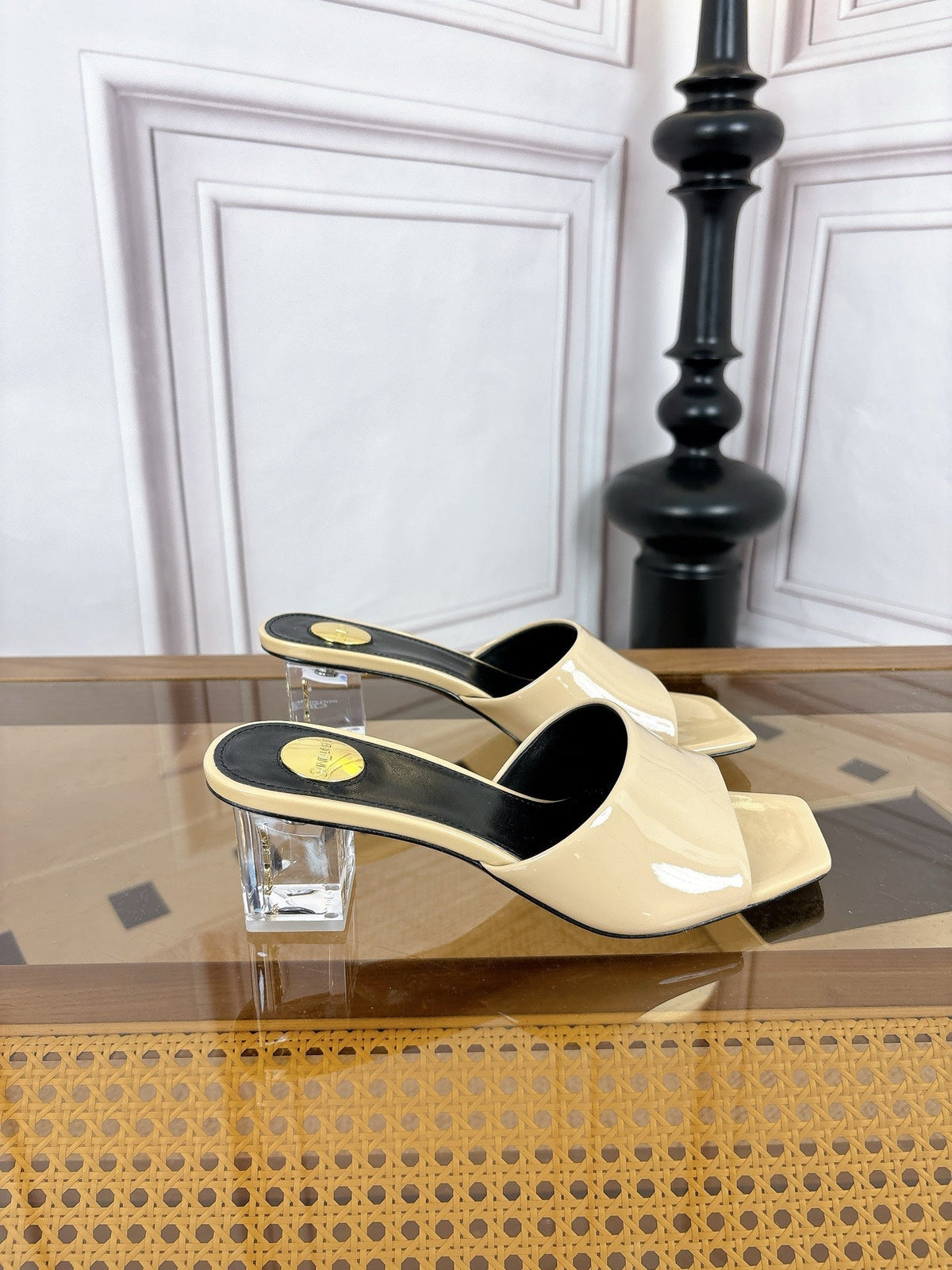 YSL High-Heeled Sandal 5.5cm Beige Patent Leather 932056