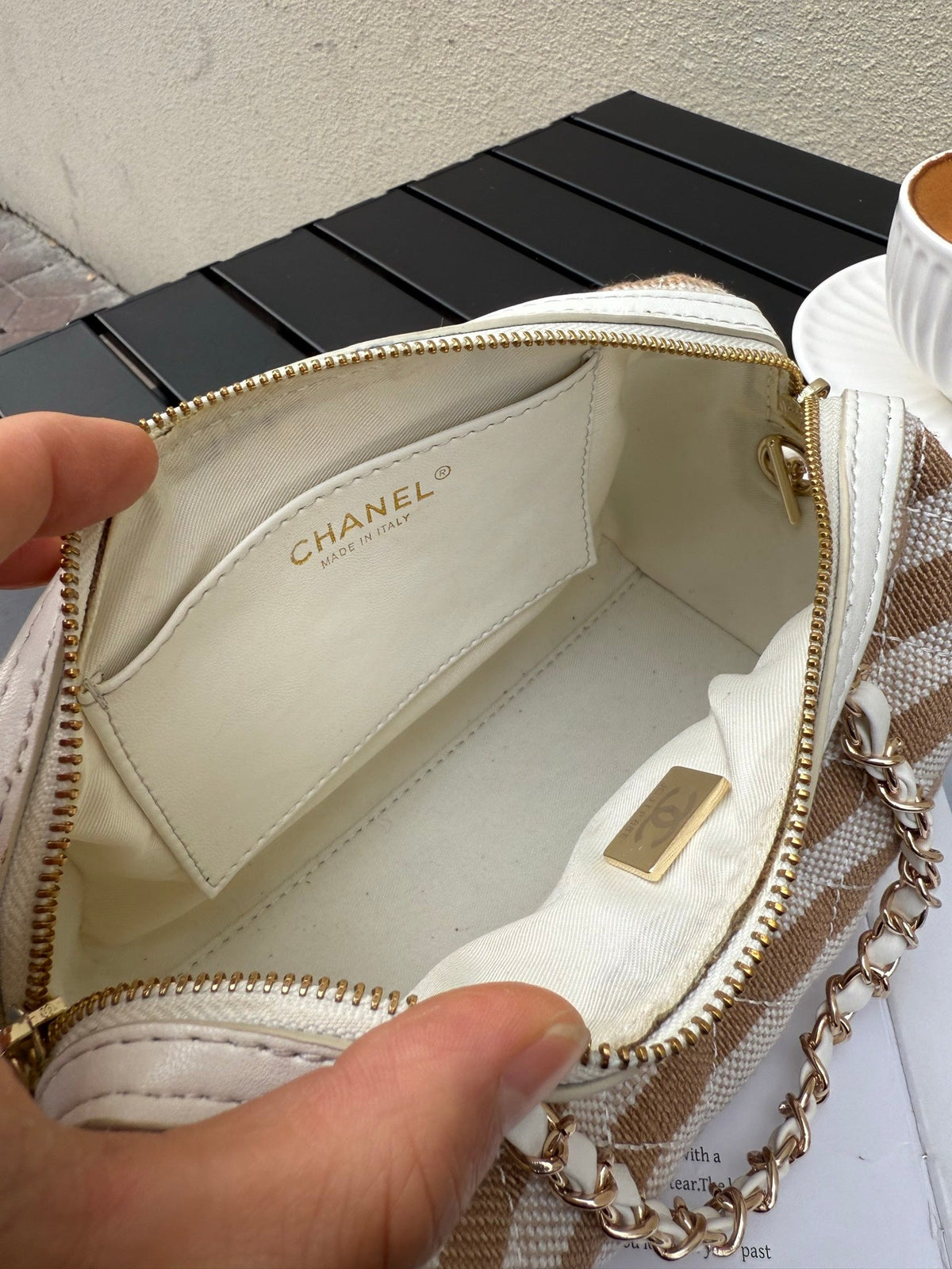 Chanel 2026 Deauville Bowling Bag 18cm White mix Light Brown Canvas Leather