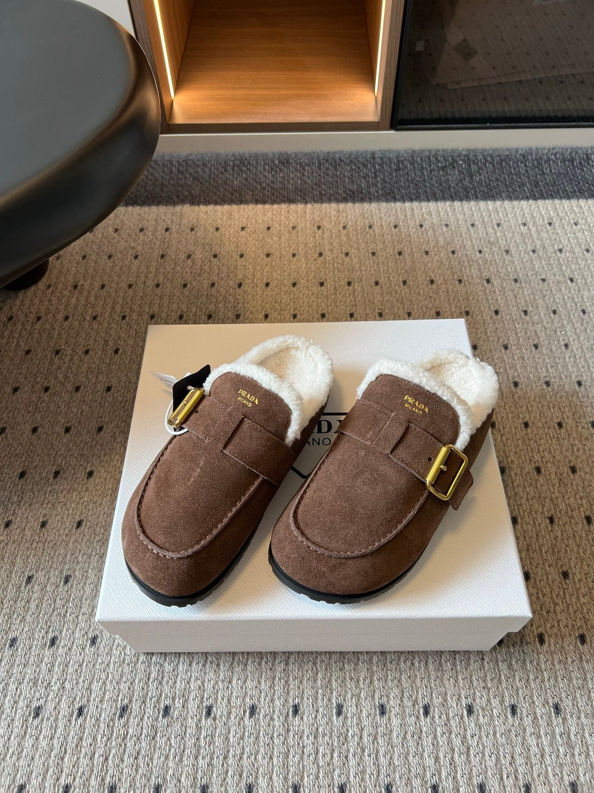 Prada 26s Clogs Coffee Suede Shearling 971696