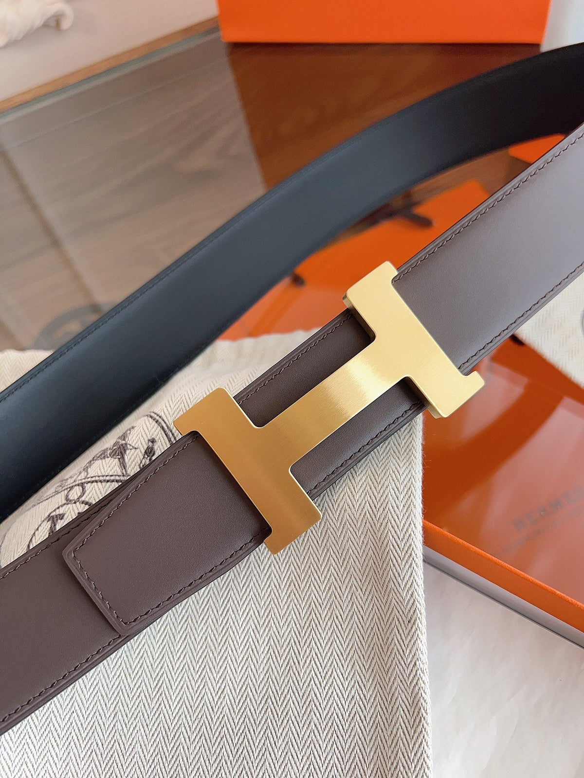 HM Constance Reversible Gold HW H Buckle Belt Brown Calfskin 194331