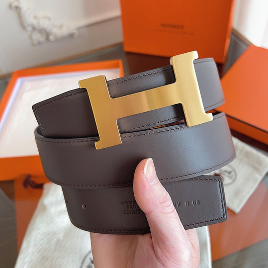 HM Constance Reversible Gold HW H Buckle Belt Brown Calfskin 194331