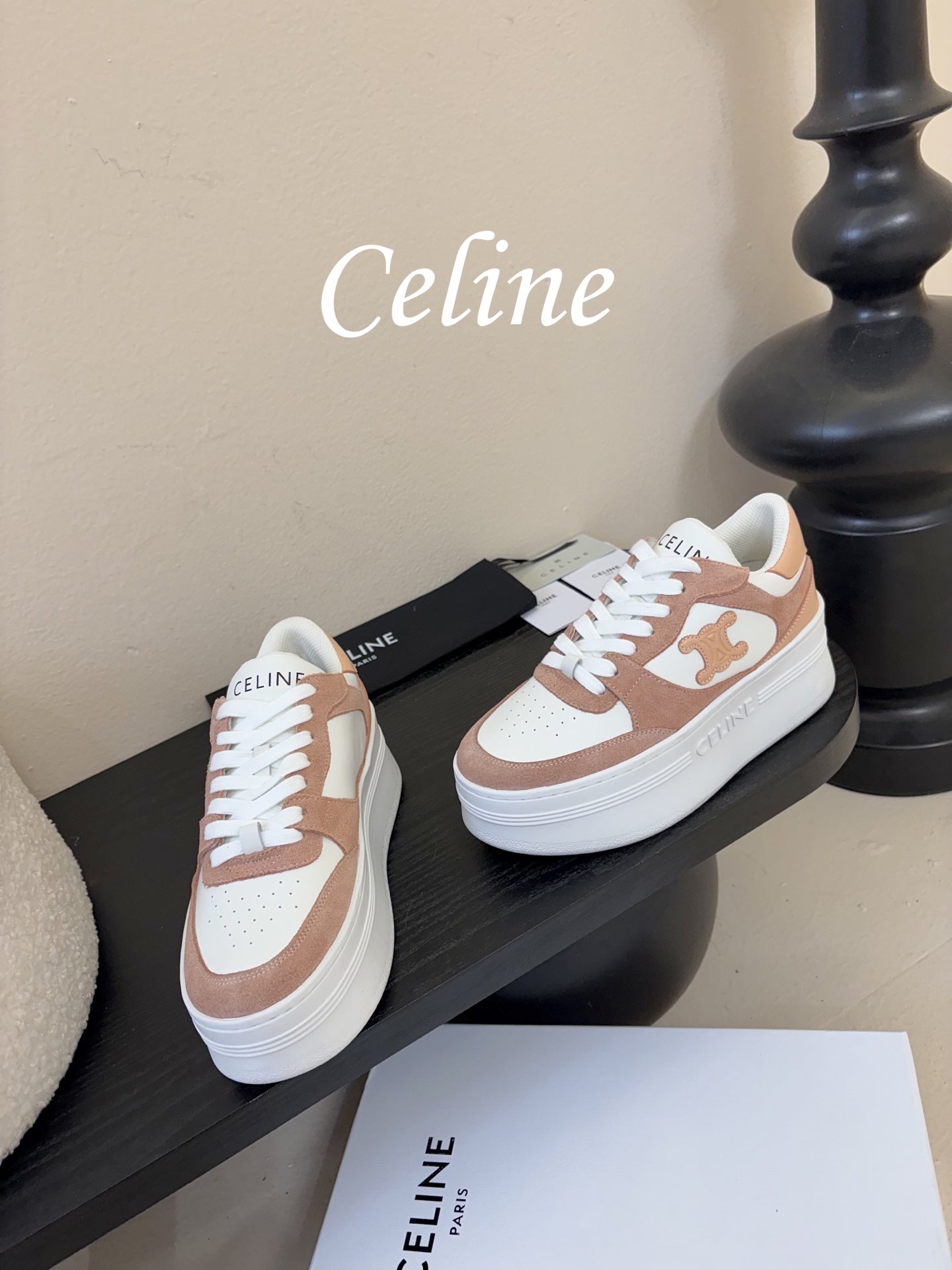 Celine Block Wedge Sneaker White Tan Suede Calfskin 606413