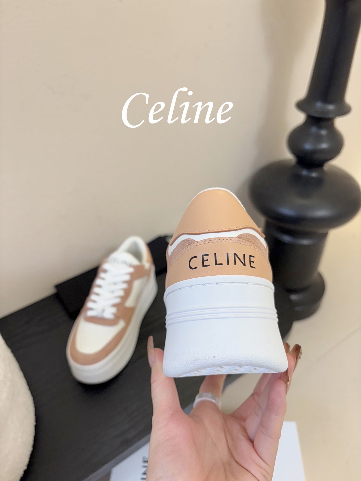 Celine Block Wedge Sneaker White Tan Suede Calfskin 606413