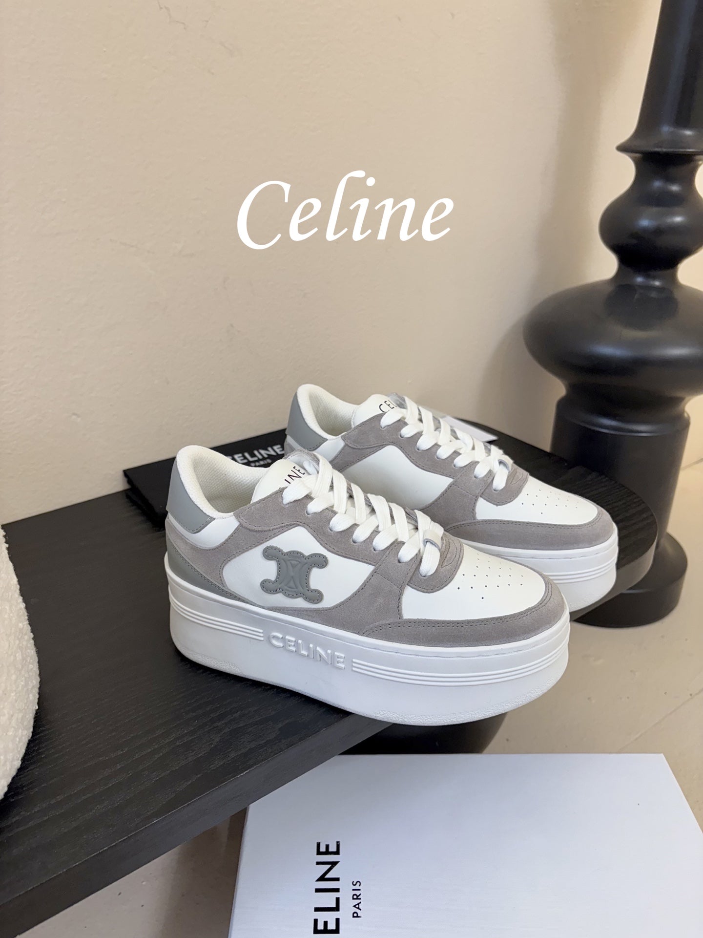 Celine Block Wedge Sneaker White Grey Suede Calfskin 606414