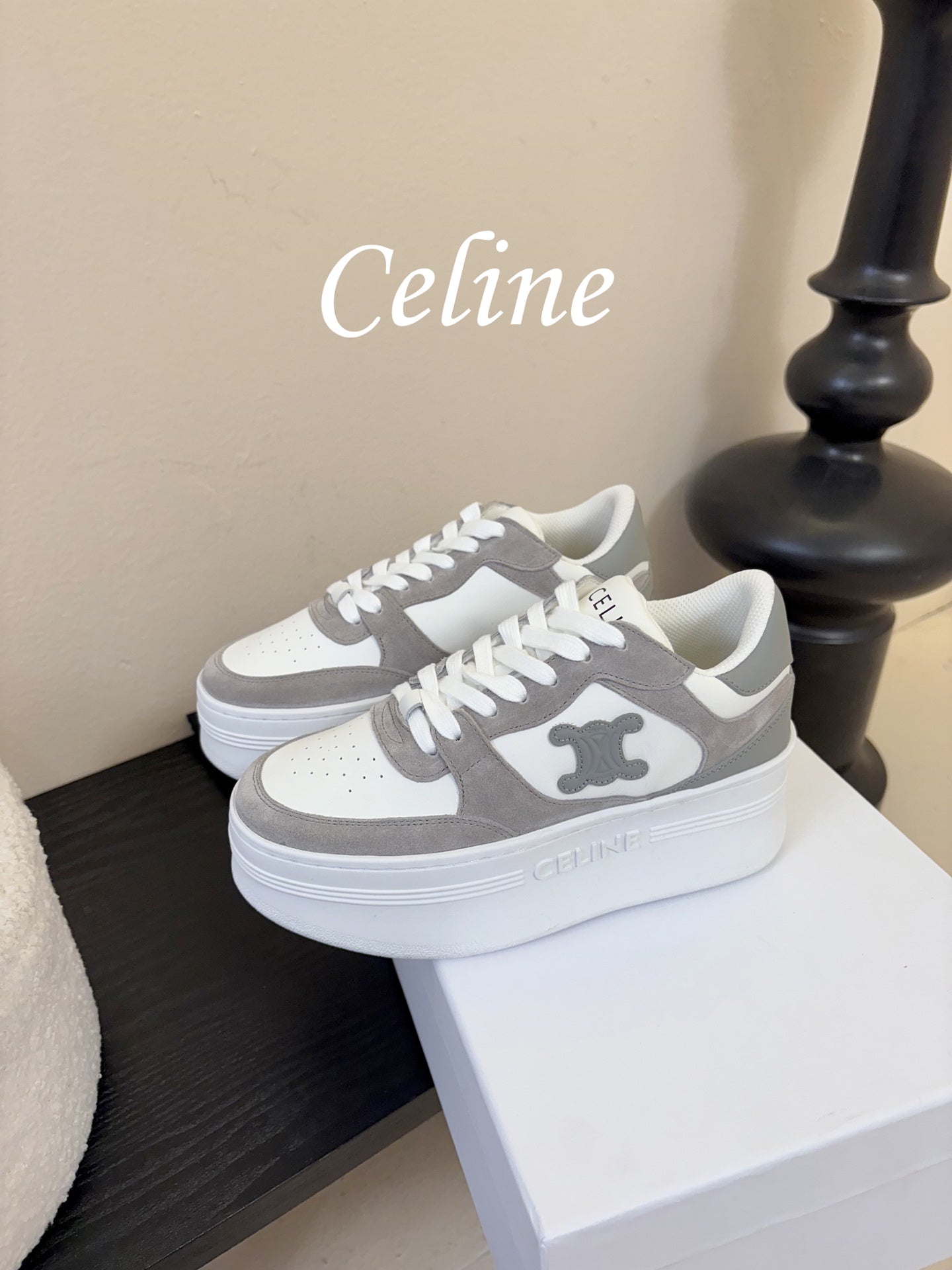 Celine Block Wedge Sneaker White Grey Suede Calfskin 606414