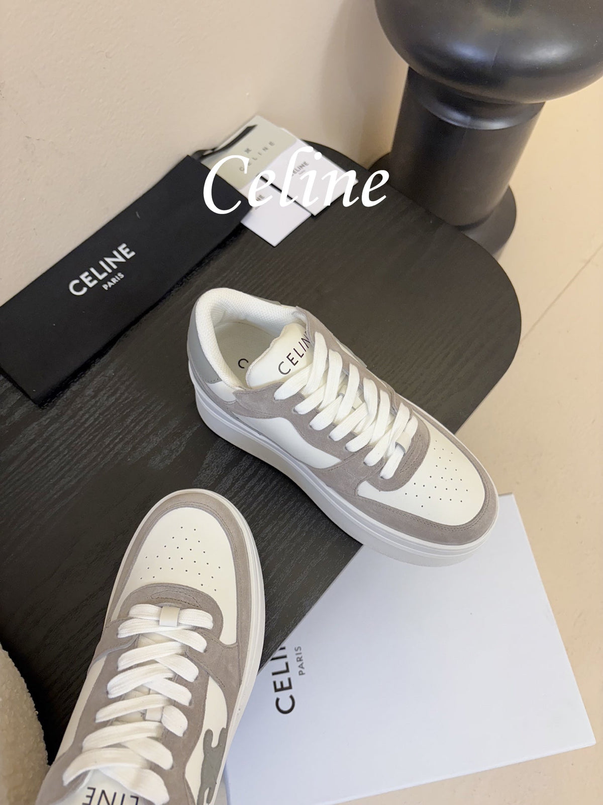Celine Block Wedge Sneaker White Grey Suede Calfskin 606414