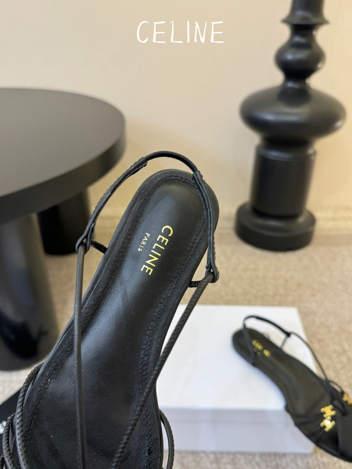 Celine Triomphe Strappy Flat Sandals Black Lambskin 934171