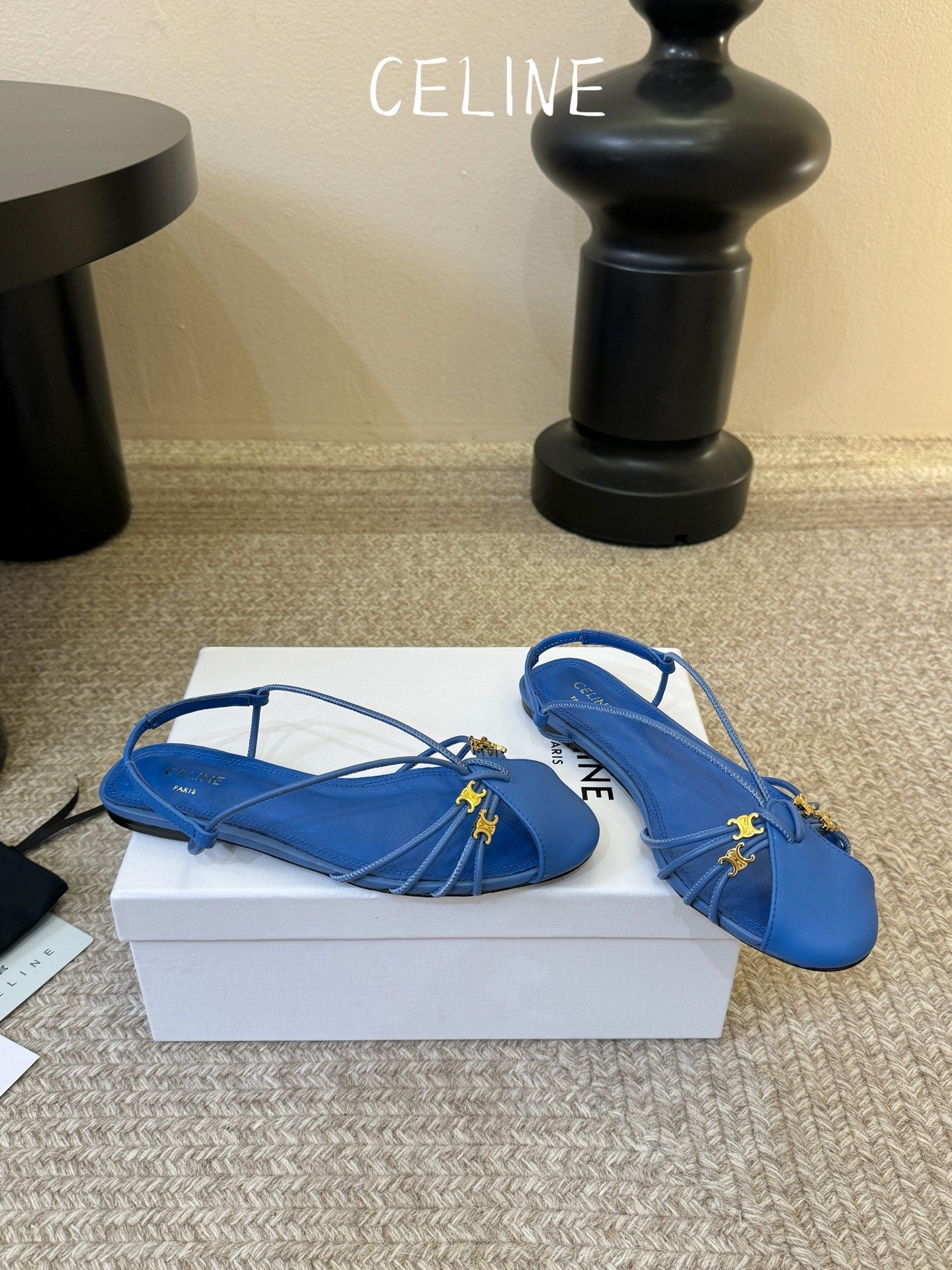 Celine Triomphe Strappy Flat Sandals Blue Lambskin 934181
