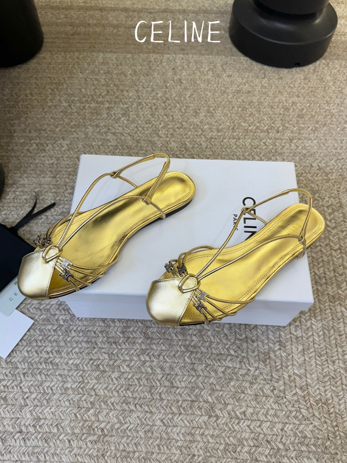 Celine Triomphe Strappy Flat Sandals Light Gold Lambskin 934183
