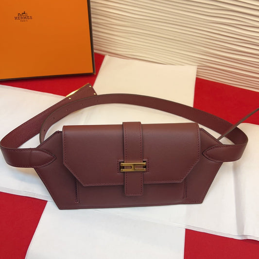 HM Elan Pocket Belt Burgundy Gold Calfskin 202785