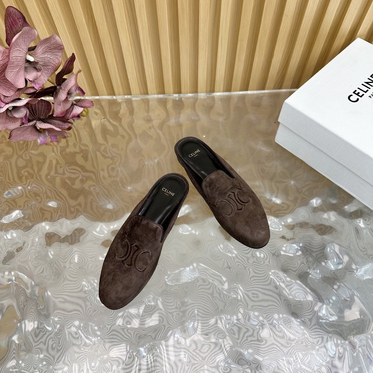 CELINE 25 Slippers Brown Velvet 285913