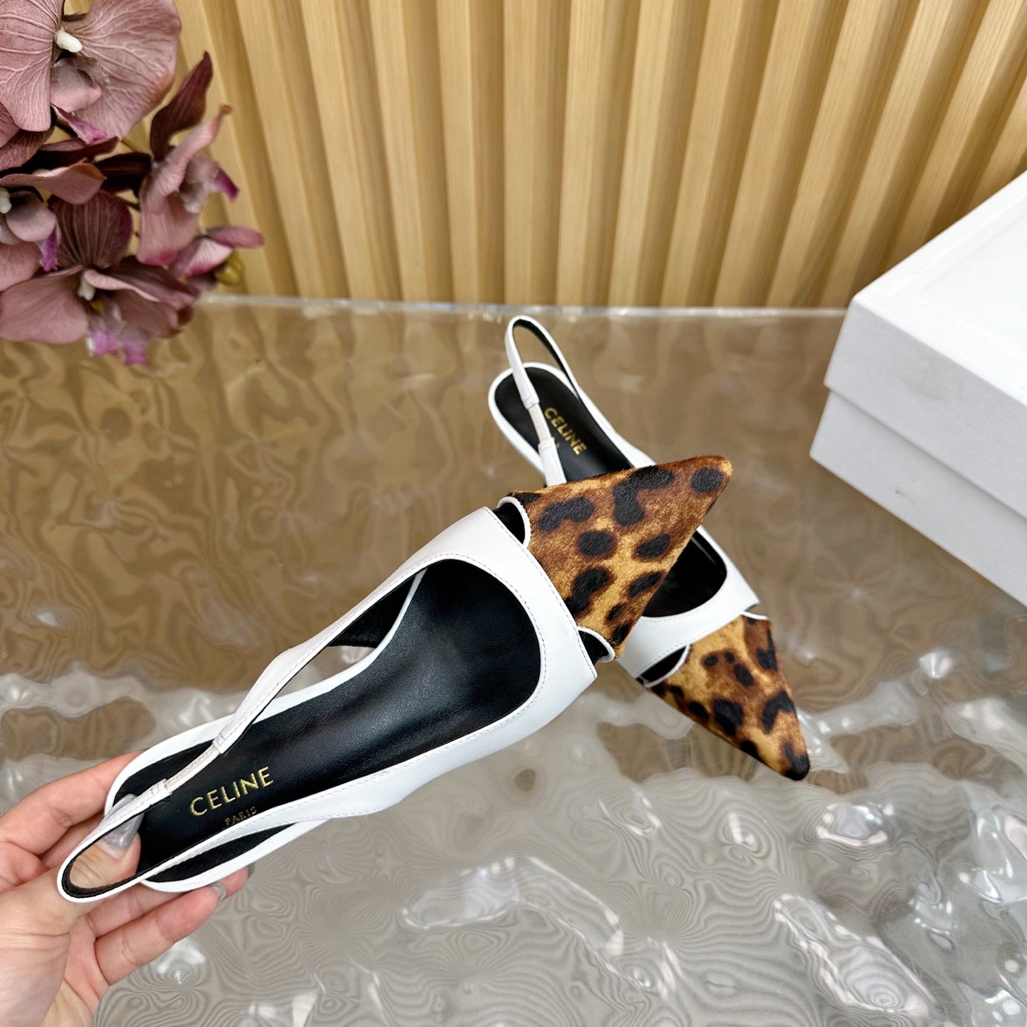 CL Judy Cap Toe Skingback 60mm In White Calfskin And Leopard Printed Hairy Calfskin 313781